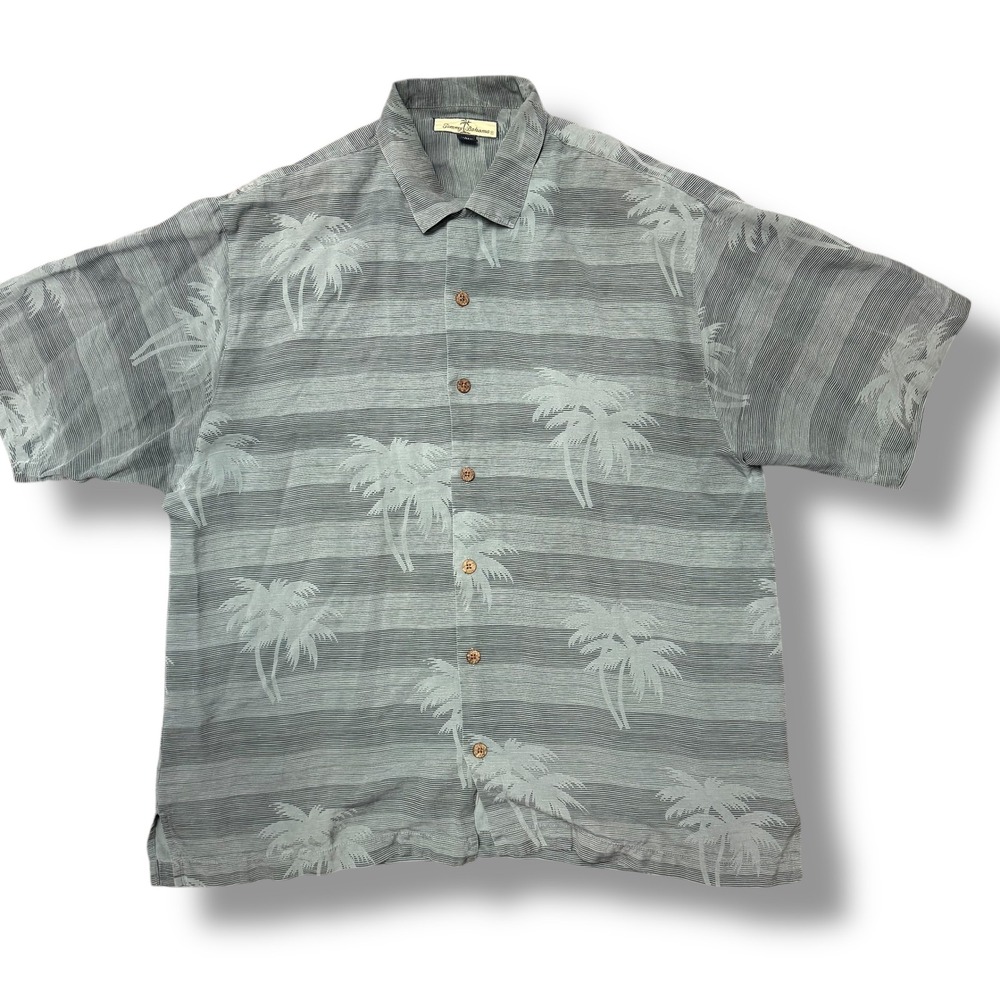 Tommy Bahama 100% Silk Palm Tree Camp Shirt L Gray Aloha Island Y2K Resort
